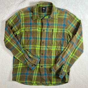 STUSSY Remix Y2K Medium Twisted Yarn Multicolor Plaid Pocket Front Shirt Flannel